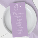 Hochzeitsmenüs Einfaches Monogramm Lavendel Menükarte<br><div class="desc">Dieses elegante Lavendel-Hochzeitsmenü enthält ein einfaches Monogramm mit den Initialen der Braut und des Bräutigams,  umgeben von der weißen Linienkunst. Fügen Sie mithilfe der Vorlagenfelder benutzerdefinierte Menüelemente hinzu. Ideal für Hochzeiten,  Probe Dinner,  Verlobungsfeiern und vieles mehr.</div>