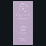 Hochzeitsmenüs Einfaches Monogramm Lavendel Menükarte<br><div class="desc">Dieses lila Hochzeitsmenü mit einem einfachen Monogramm,  umgeben von Lavendellinienkunst,  ist ein Set in der Kalligraphie-Schrift. Verwenden Sie die Vorlagenfelder,  um die Initialen,  Namen und benutzerdefinierten Menüelemente von Braut und Bräutigam hinzuzufügen. Ideal für Hochzeiten,  Probe Dinner,  Verlobungsfeiern und vieles mehr.</div>