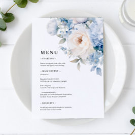 Hochzeitsmenüs mit blauen und weißen Flüssen Menükarte