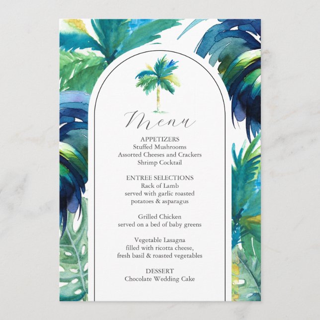 Hochzeitsmenüs mit tropischen Roosterhochzeiten Menükarte (Vorderseite)