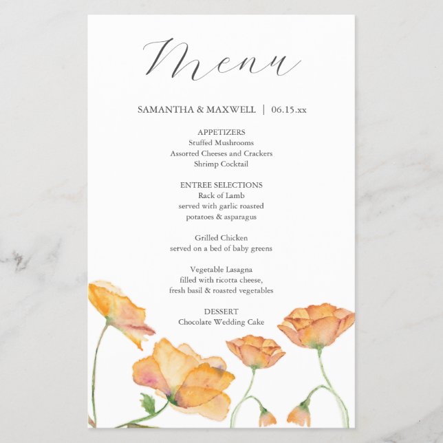 Hochzeitsmenüs Wasserfarbene Orangefarbene Blume Flyer (Vorne)