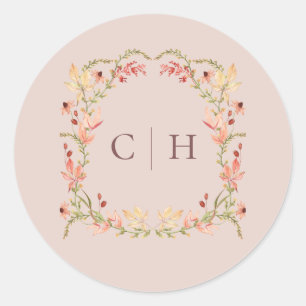 Hochzeitsmonogramm Blush Autumn Wildflower Runder Aufkleber