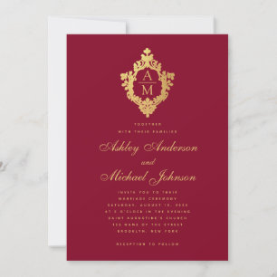 Hochzeitsmonogramm Burgunderrot Faux-Gold Vintage- Einladung