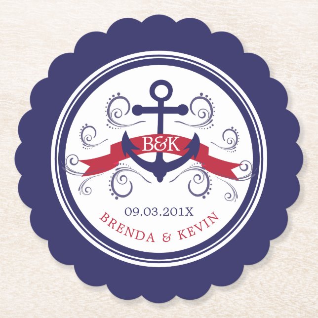 Hochzeitsmonogramm für rotes und marineblau Anker Untersetzer (Vorderseite)