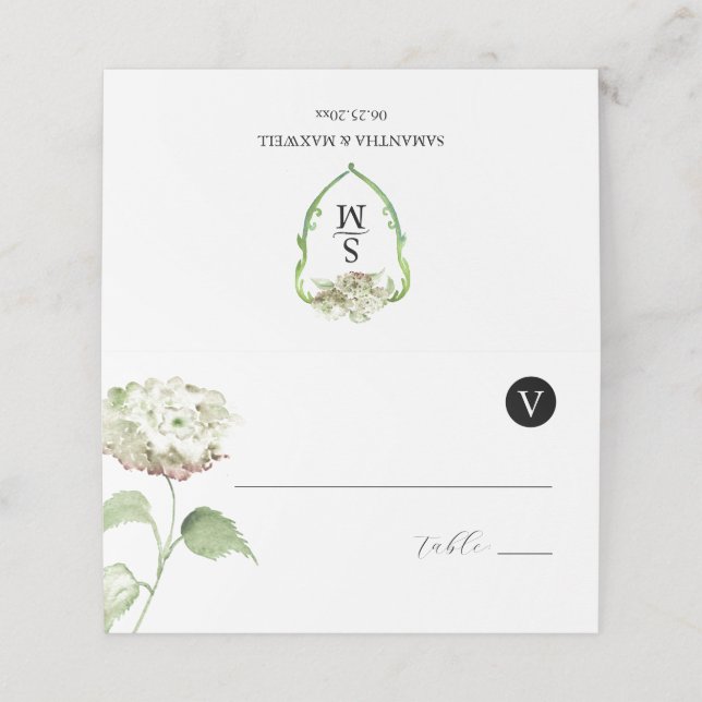 Hochzeitsmonogramm Hydrangea Begleitkarten Platzkarte (Außenseite Aufgefaltet)