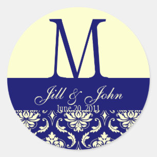 Hochzeitsmonogramm Namen Datum Damast Navy Creme Runder Aufkleber