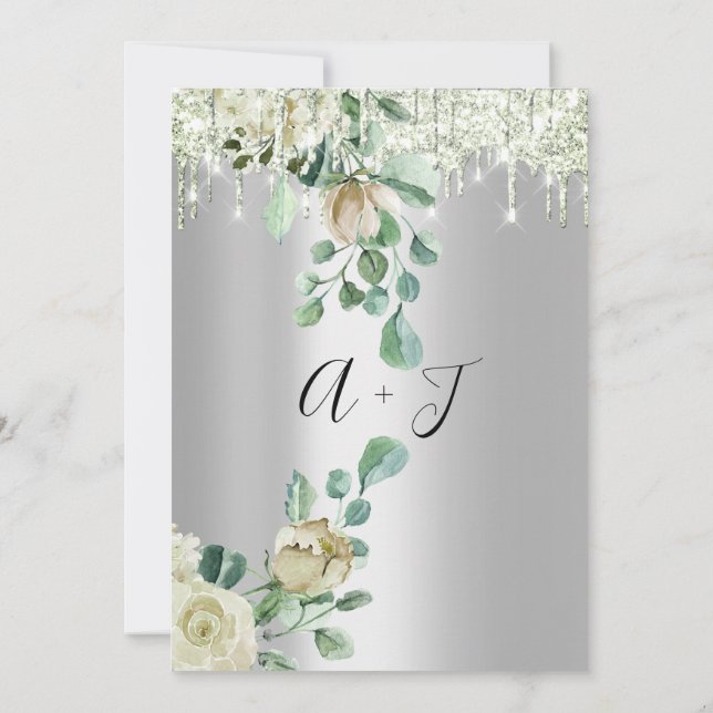 Hochzeitsmonogramm-Tropfen Florals Mint Green Silv Einladung (Rückseite)