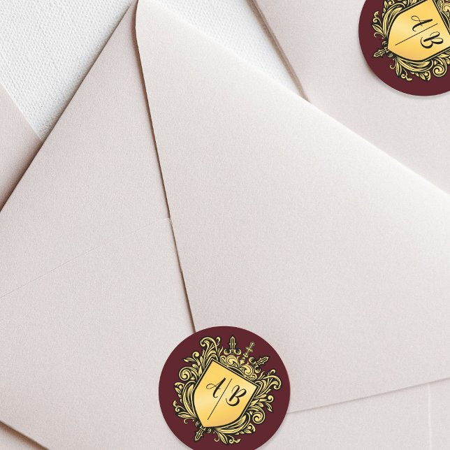 Hochzeitsmonogramm-Wappen Gold Runder Aufkleber (Von Creator hochgeladen)