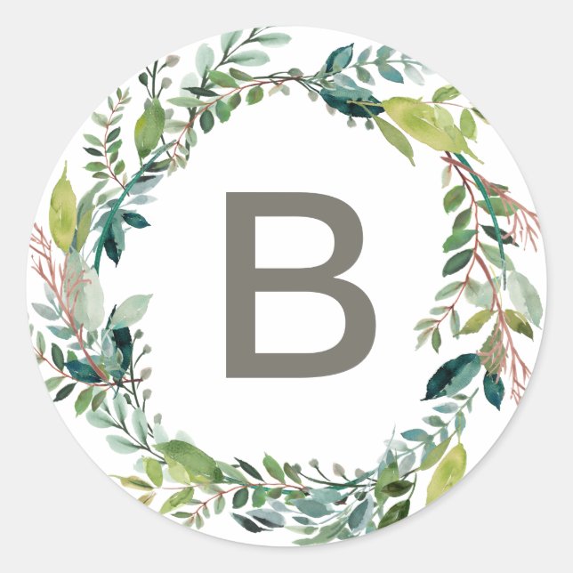 Hochzeitsmonographen für Foliage Wreath Runder Aufkleber (Vorderseite)