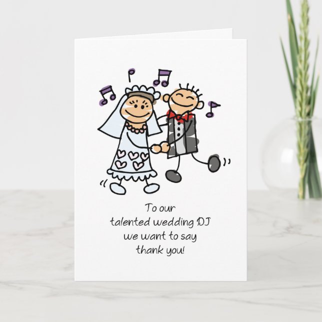 Hochzeitsmusik Danke mit Groom und Bride Stick Karte (Vorderseite)