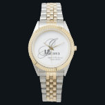 Hochzeitsmutter des Geschenkkreuzes Armbanduhr<br><div class="desc">Brautparty spendet die Hochzeitsmutter des Groom-Geschenkmonogramms und Personalisierte schlichte Chic Watch(). Klicken Sie auf diese Vorlage personalisieren, um sie mit Ihrem Monogramm Initial, dem Namen und dem Hochzeitdatum schnell und einfach anzupassen. Die Hochzeitmutter des Groom Geschenkes Monogram Chic Watch, ist Teil der Parent Geschenke Collection in diesem Laden. 30 Tage...</div>