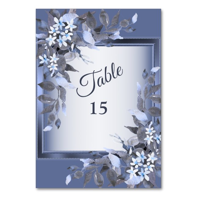 Hochzeitsnacht Blau Blütenblume Silbergraues Party Tischnummer (Vorderseite)