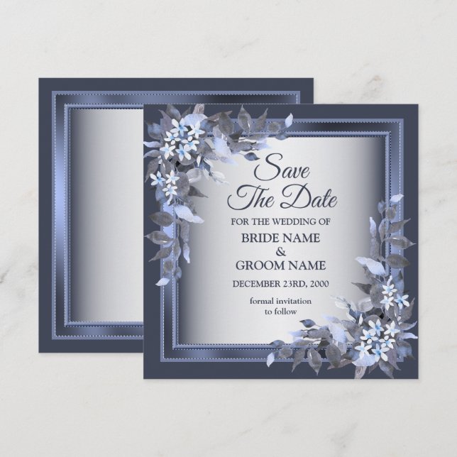 Hochzeitsnacht Blauer Rahmen Silber Elegant Save The Date (Vorne/Hinten)
