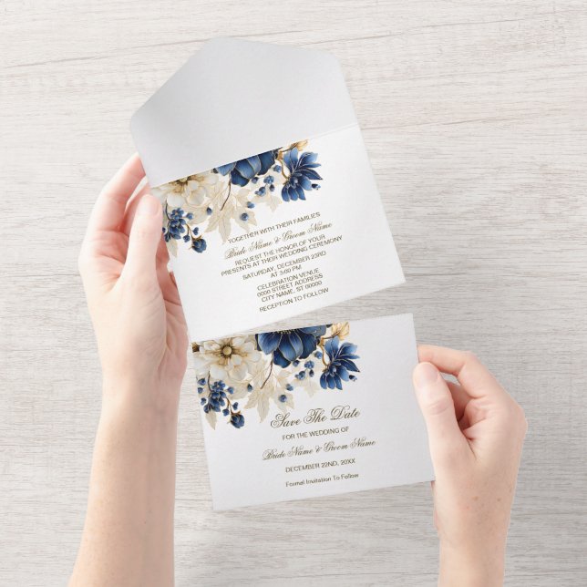 Hochzeitsnacht Blaues Goldenes Blütensilber All In One Einladung (Abreißen)