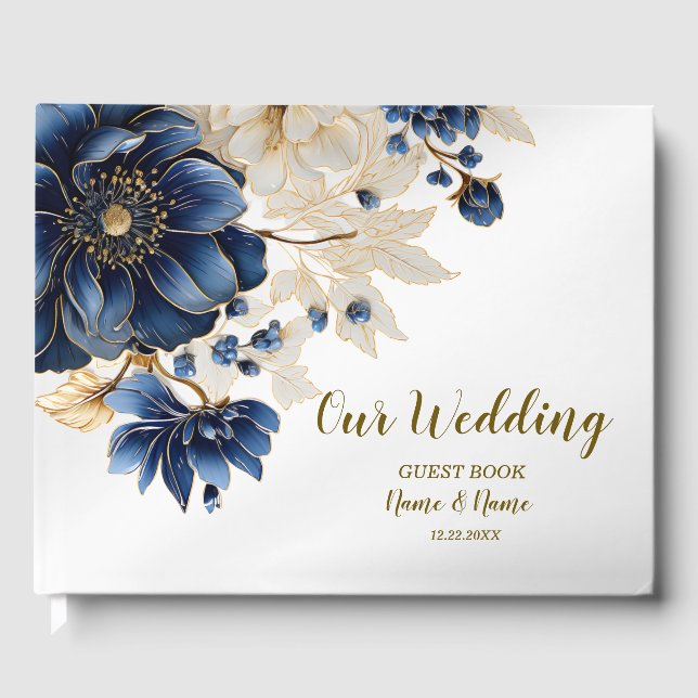 Hochzeitsnacht Blaues Goldenes Blütensilber Gästebuch (Vorderseite)