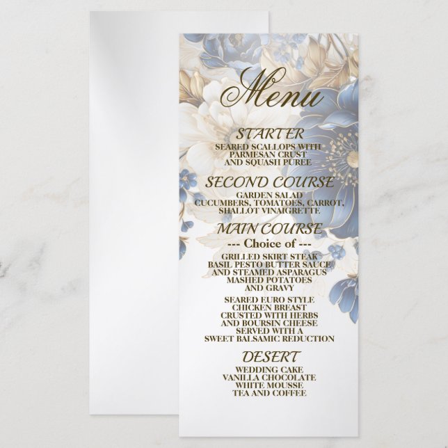 Hochzeitsnacht Blaues Goldenes Blütensilber Menükarte (Vorne/Hinten)