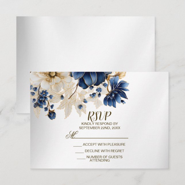 Hochzeitsnacht Blaues Goldenes Blütensilber RSVP Karte (Vorne/Hinten)