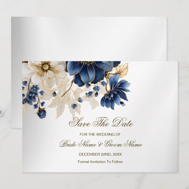 Hochzeitsnacht Blaues Goldenes Blütensilber Save The Date (Vorne/Hinten)