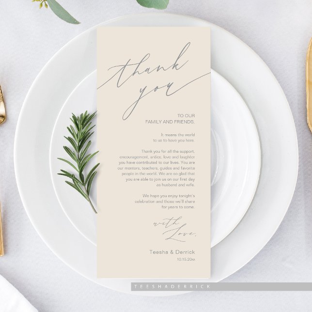 Hochzeitsnacht Platz dank Karte (Romantic Wedding Dinner Place Setting Thank You Card, in Cream and grey)