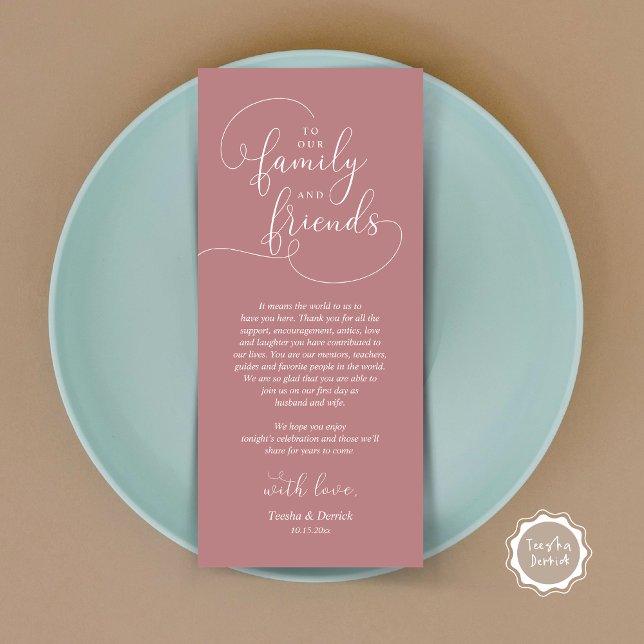 Hochzeitsnacht Platz dank Karte (To Our Family and Friends, Wedding Dinner Place Setting Thank You Card, Modern, Dusty Rose Pink)