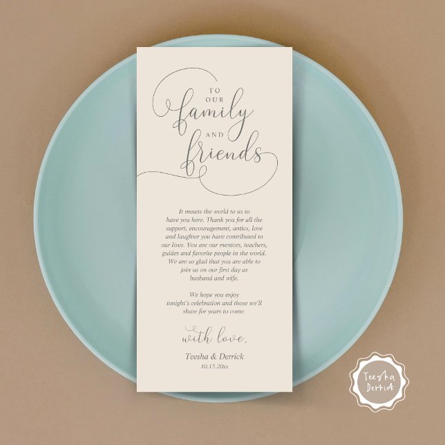 Hochzeitsnacht Platz dank Karte (To Our Family and Friends, Wedding Dinner Place Setting Thank You Card, Modern, Dark Grey Cream)