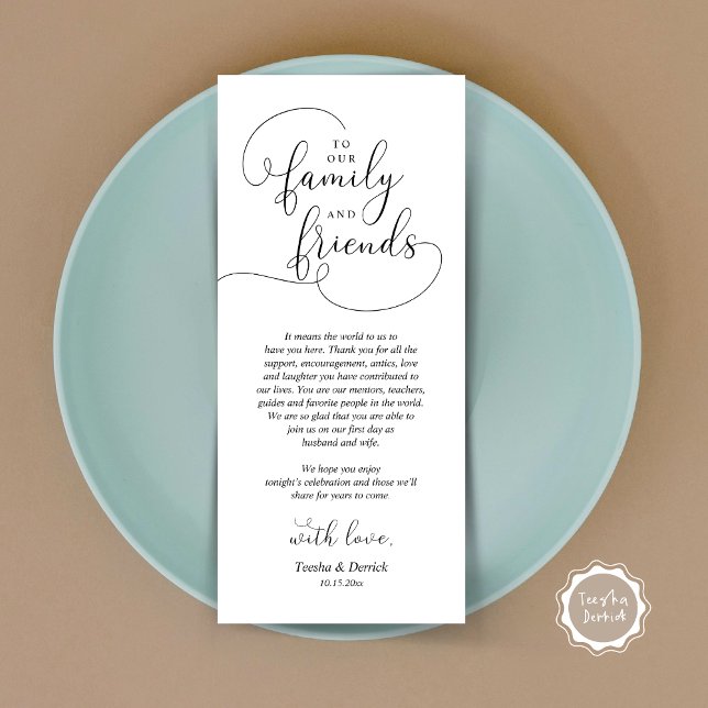 Hochzeitsnacht Platz dank Karte (To Our Family and Friends, Wedding Dinner Place Setting Thank You Card, Modern, Black and White)