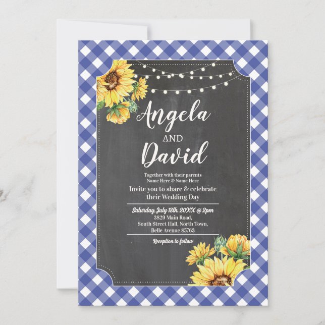 Hochzeitsnacht-Sonnenblume Gingham Floral Lights Einladung (Vorderseite)
