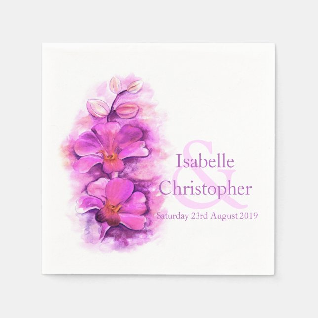 Hochzeitsnadel mit orchid-rosa Aquarellapplikation Serviette (Vorderseite)