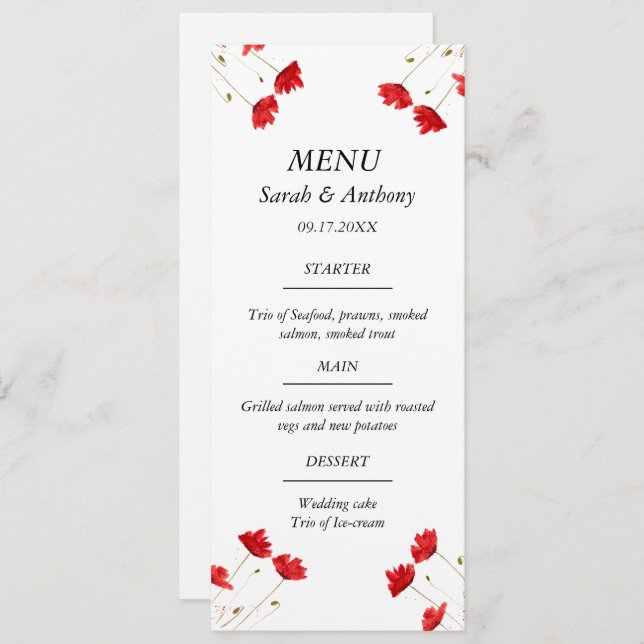 Hochzeitsnahrung mit roten Paprika Menükarte (Vorne/Hinten)