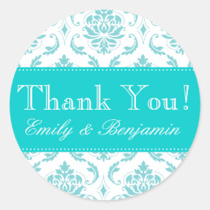 Hochzeitsnamen Aqua Damask Danke Labels Runder Aufkleber