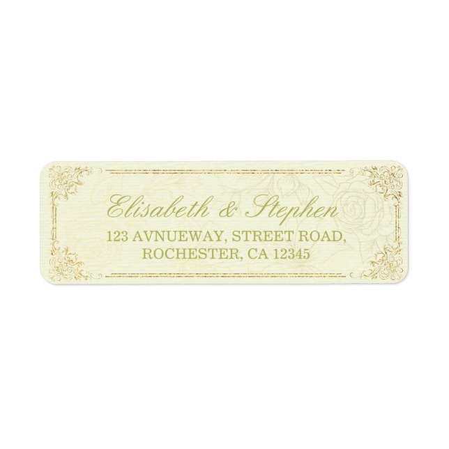 Hochzeitsnamensetikett für Gold Script Floral Fram (Vorne)