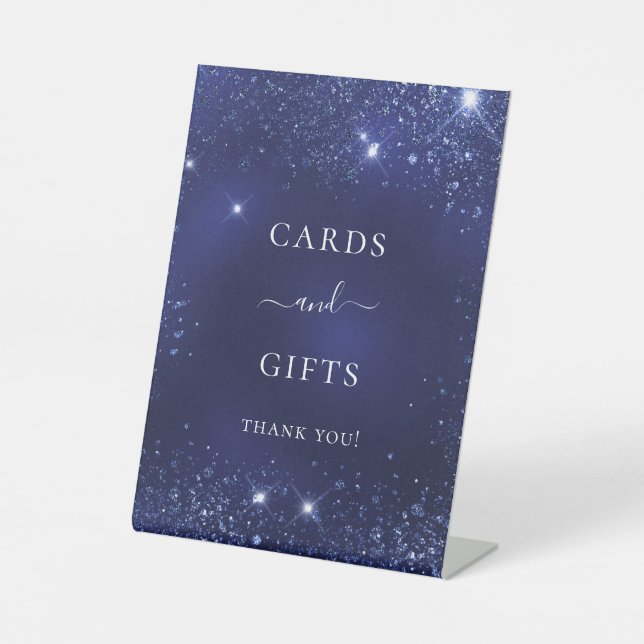 Hochzeitsnau-blaue Glitzern-Karten Sockelschild (Vorderseite)