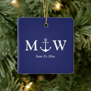Hochzeitsnautische Ankernacht blau & weiß Monogra Keramikornament