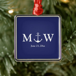 Hochzeitsnautische Ankernacht blau & weiß Monogra Ornament Aus Metall