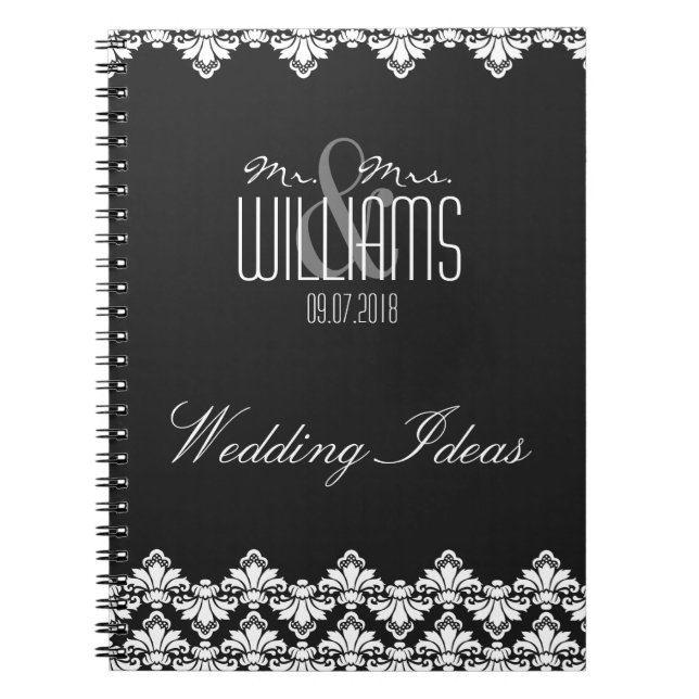 Hochzeitsnotebook Custom Damask Black Notizblock (Vorderseite)