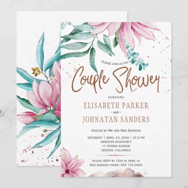 Hochzeitspaar Kupfer Glitzer Rosa Paare Dusche Einladung (Vorne/Hinten)