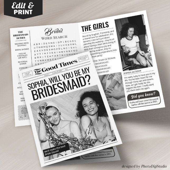 Hochzeitspapier Bridesmaid-Karte 4 Seiten Karte (Editable Bridesmaid Proposal 4 pages, Custom Bridesmaid Newspaper )