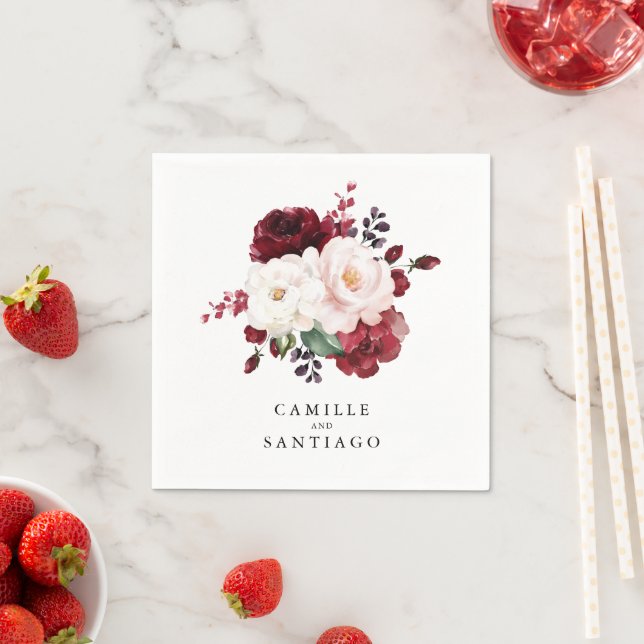 Hochzeitspapier mit Burgund und Rosa Blütenfarbe Serviette (Beispiel)