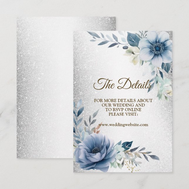 Hochzeitsparty Dusty Blue Watercolor Blume Silber Begleitkarte (Vorne/Hinten)