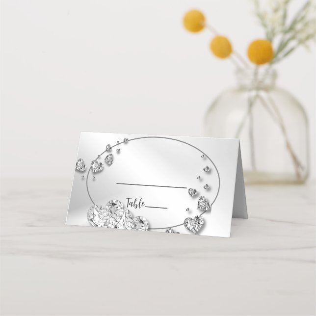 Hochzeitsparty Silver Hearts Gray Black Elegant Platzkarte (Vorderseite)