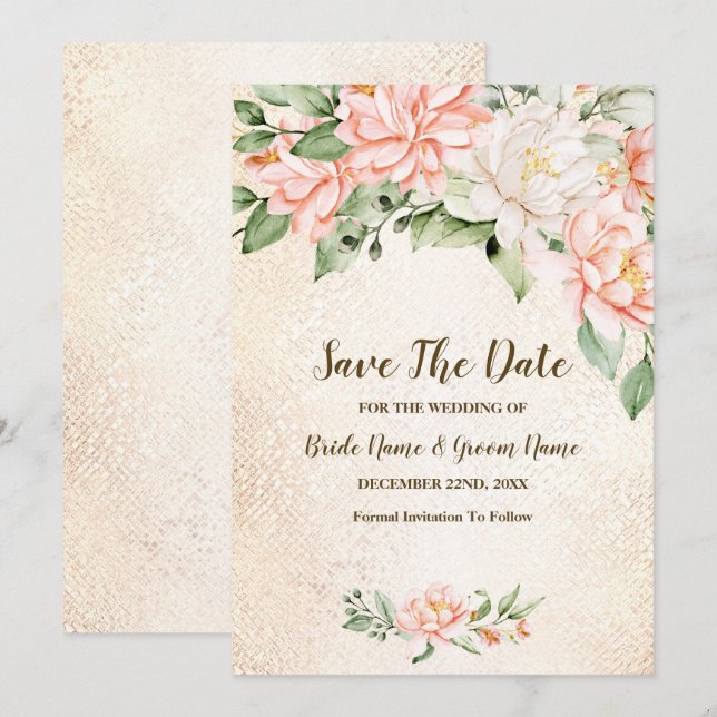 Hochzeitsparty Wasserfarbe Peach Weiße Blume Geret Save The Date (Vorne/Hinten)