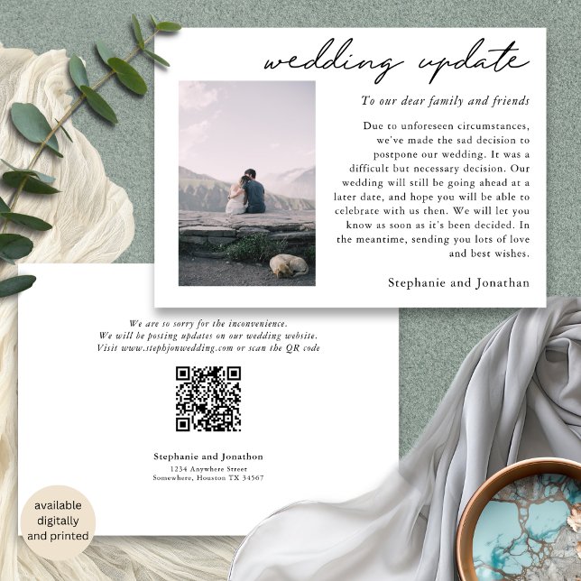 Hochzeitspause Foto Update Moderne Schrift Ankündigung (Front and back view)