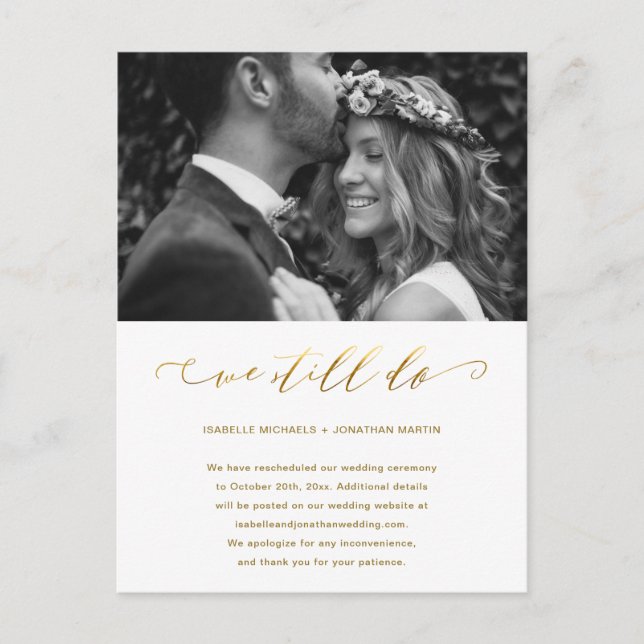 Hochzeitspause Imitate Gold wir noch Foto Ankündigungspostkarte (Vorderseite)