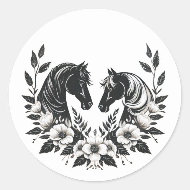Hochzeitspferde und Blume Runder Aufkleber (Vorderseite)