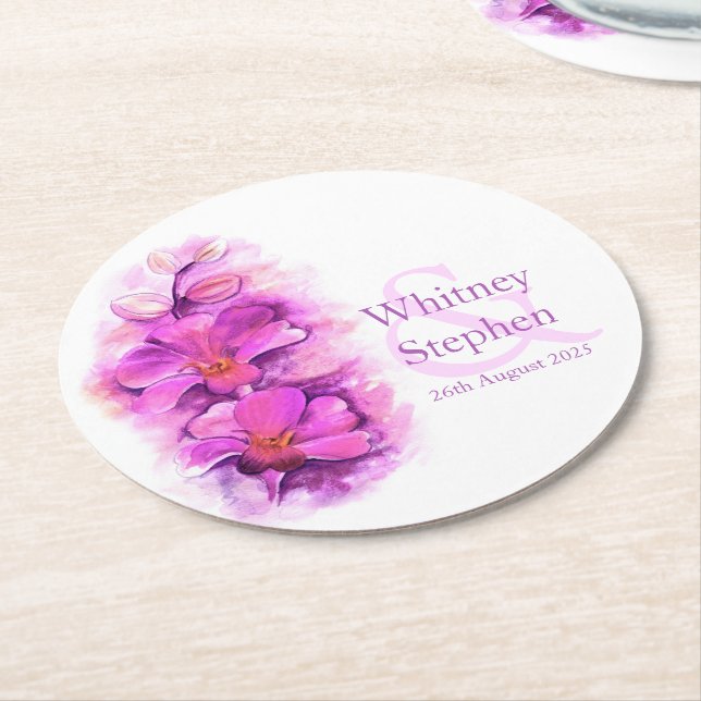 Hochzeitspinke, orchide Aquarellpapier-Untersetzer Runder Pappuntersetzer (Angewinkelt)