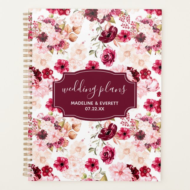 Hochzeitspläne für Burgund & Blush Pink Chic Flora Planer (Vorderseite)