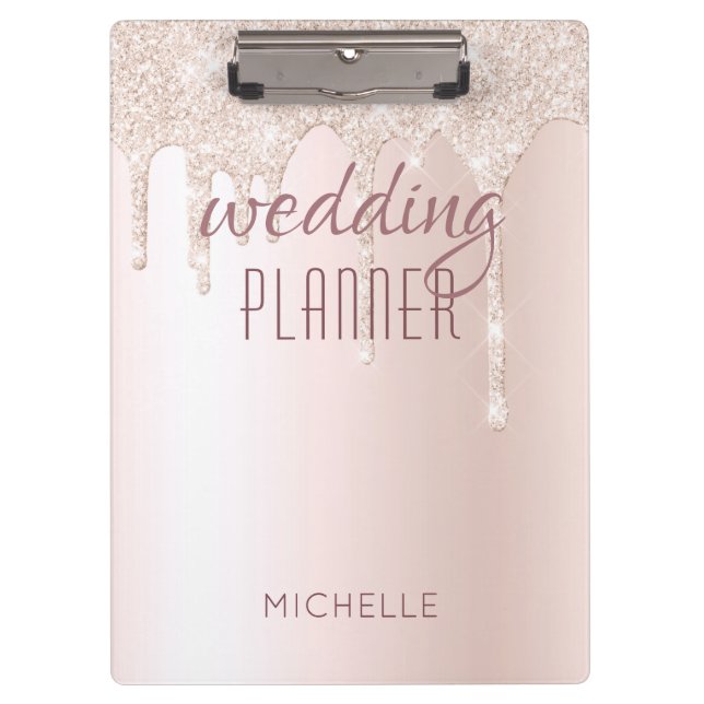 Hochzeitsplaner Chic Girly Pink Glitzer Name Klemmbrett (Vorderseite)