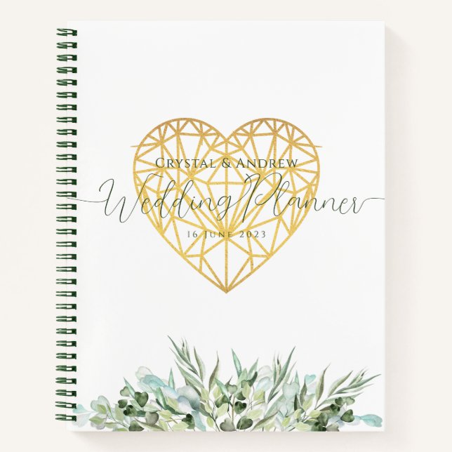 Hochzeitsplaner Elegant White Gold Heart Foliage Notizbuch (Vorderseite)