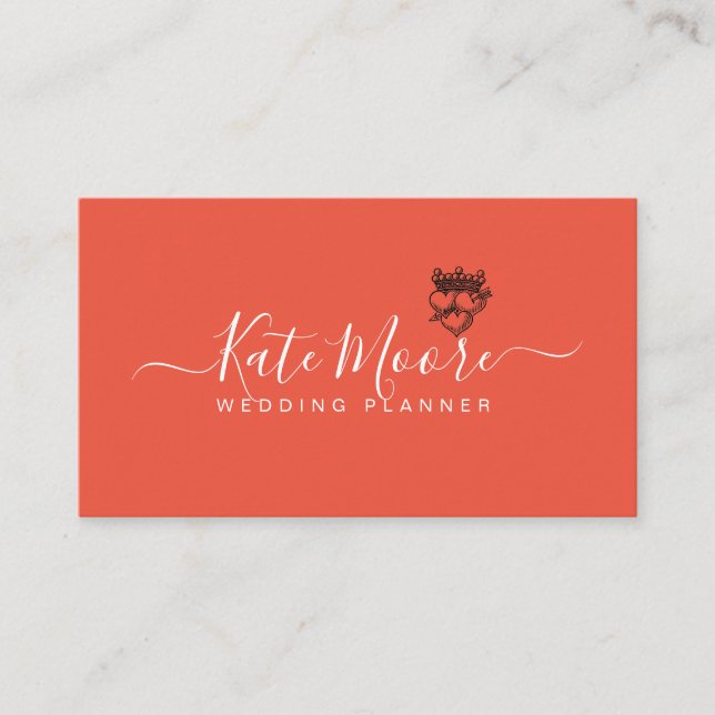 Hochzeitsplaner Herz Crown Red Orange Visitenkarte (Vorderseite)