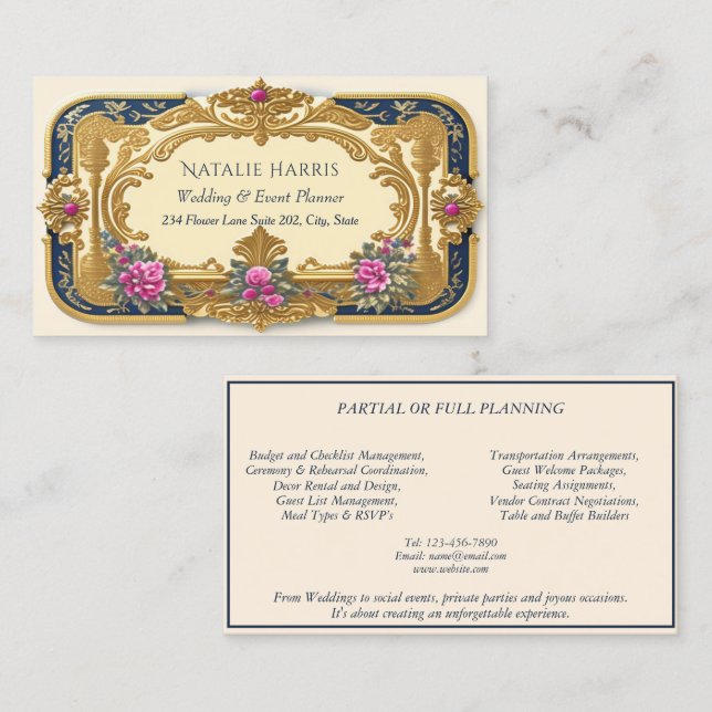 Hochzeitsplaner Viktorianisch rosa Rosen Gold Visitenkarte (Vorne/Hinten)
